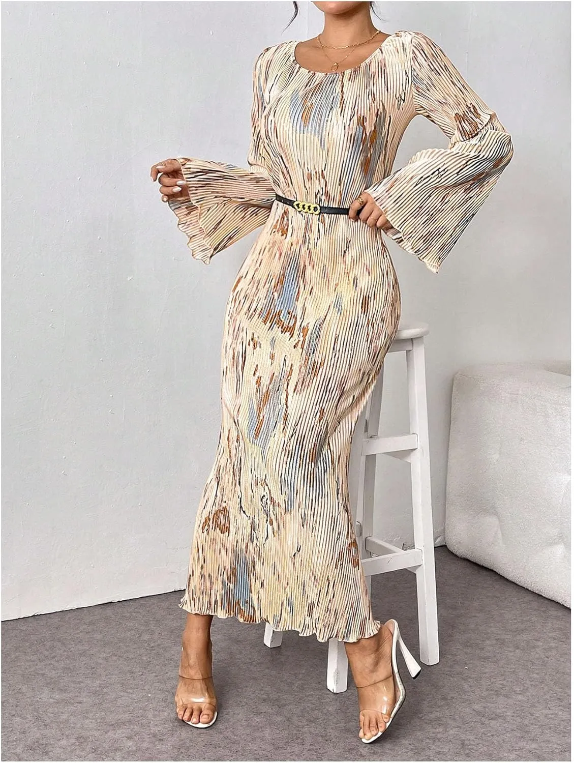 Floerns Women's Tie Dye Bodycon Long Dress Pleated Long Sleeve Fishtail Hem Party Dress