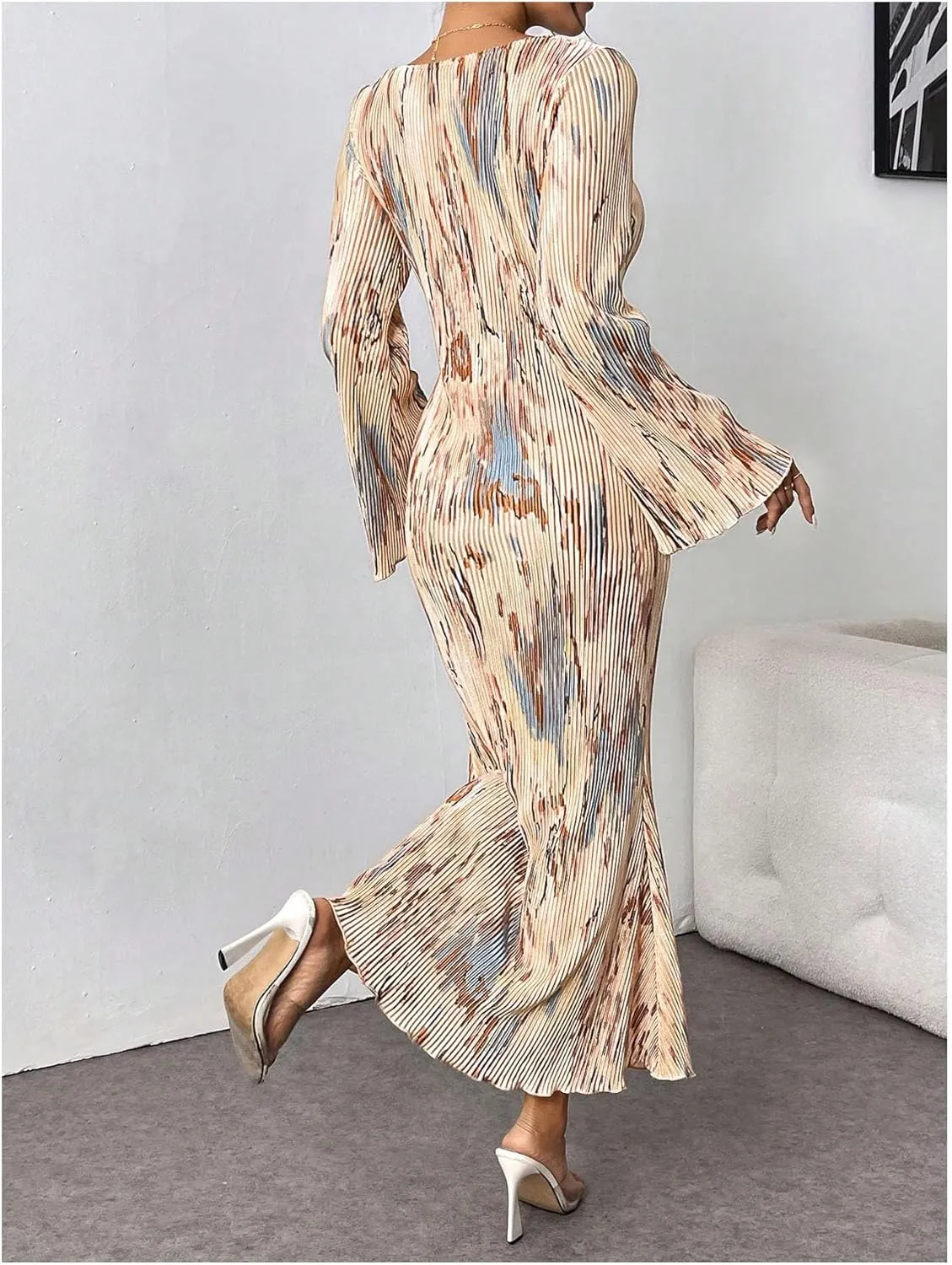 Floerns Women's Tie Dye Bodycon Long Dress Pleated Long Sleeve Fishtail Hem Party Dress