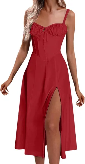 Floral Midi Corset Dress Boho Flowy Slit Lace Up Dresses for Women Going Out A Line Casual Sundress
