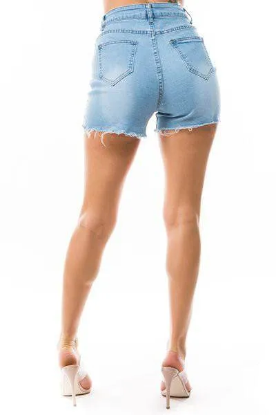 Front Lace Tie Denim Blue Shorts Womens