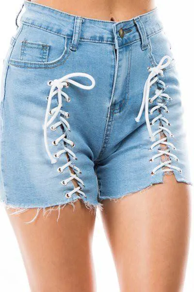 Front Lace Tie Denim Blue Shorts Womens