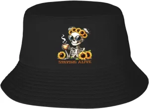 Funny Skeleton Staying Alive Sunflower Bucket Hats Fashion Sun Cap Packable Fisherman Hat for Women and Men