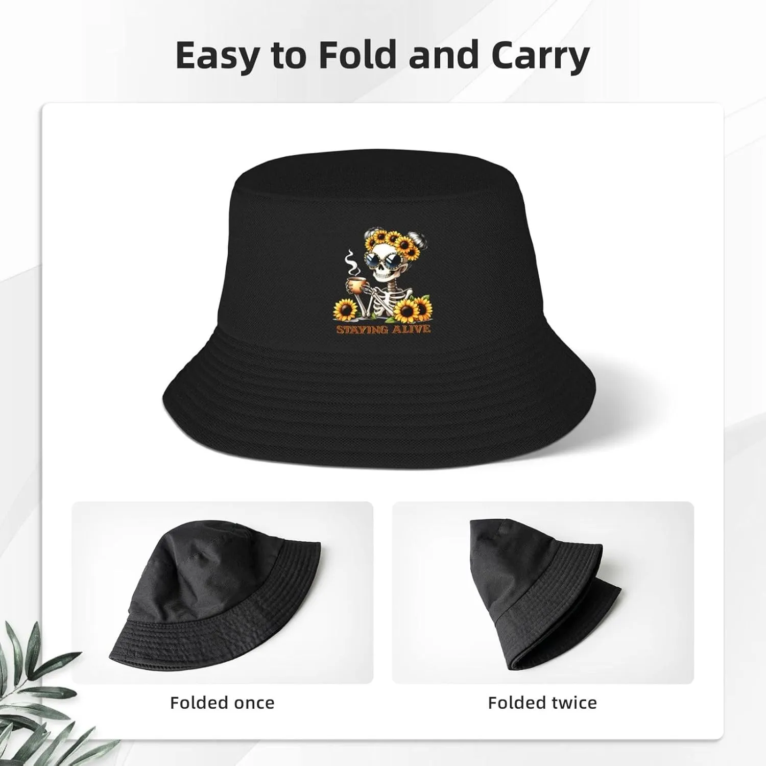 Funny Skeleton Staying Alive Sunflower Bucket Hats Fashion Sun Cap Packable Fisherman Hat for Women and Men