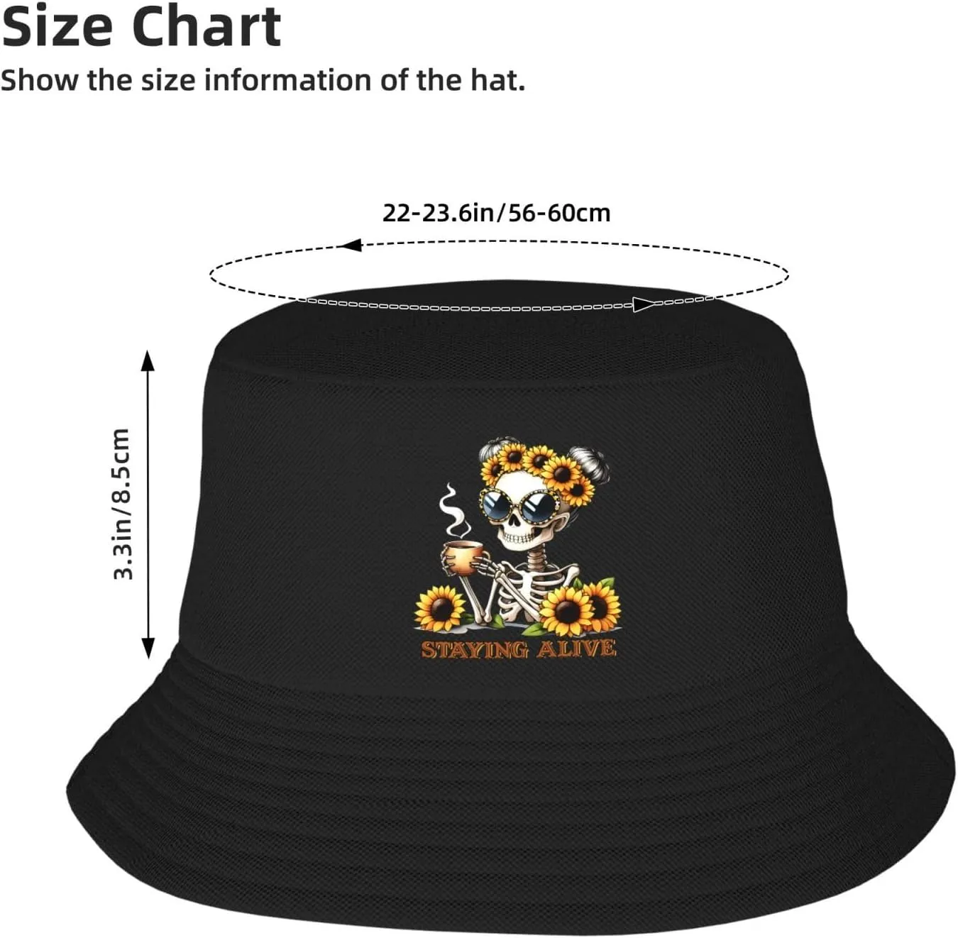 Funny Skeleton Staying Alive Sunflower Bucket Hats Fashion Sun Cap Packable Fisherman Hat for Women and Men