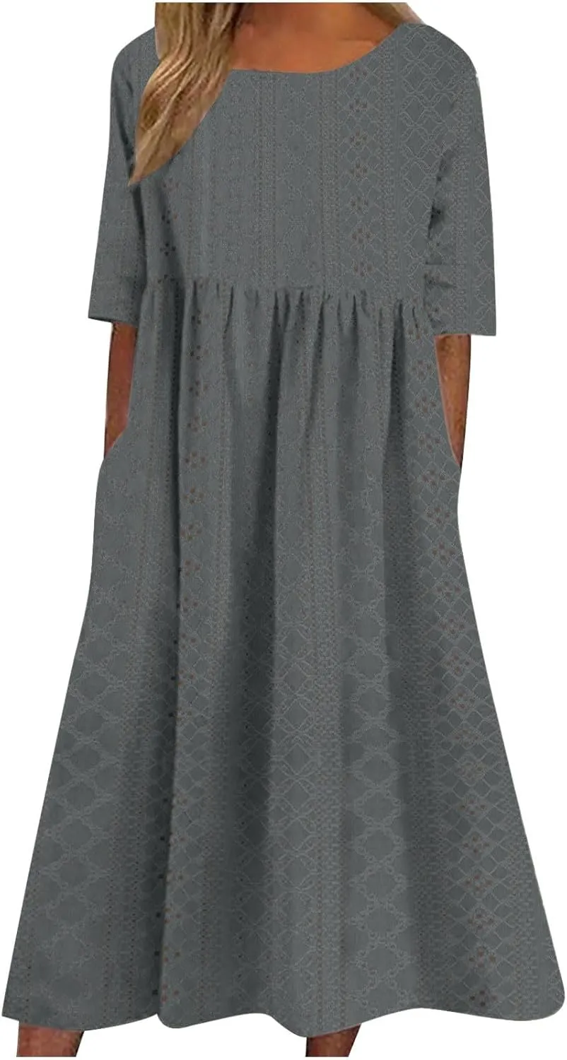 FZYLQY Eyelet Dresses for Womens 2024 Summer Casual Sundresses Sexy Hollow V Neck Dress Flowy Boho Beach Dresses with Pockets