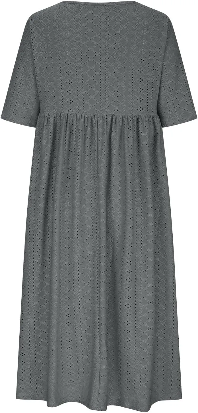 FZYLQY Eyelet Dresses for Womens 2024 Summer Casual Sundresses Sexy Hollow V Neck Dress Flowy Boho Beach Dresses with Pockets