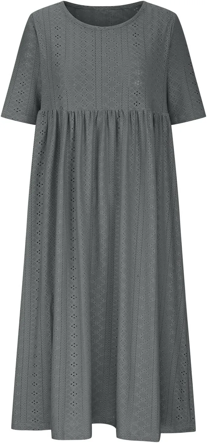 FZYLQY Eyelet Dresses for Womens 2024 Summer Casual Sundresses Sexy Hollow V Neck Dress Flowy Boho Beach Dresses with Pockets