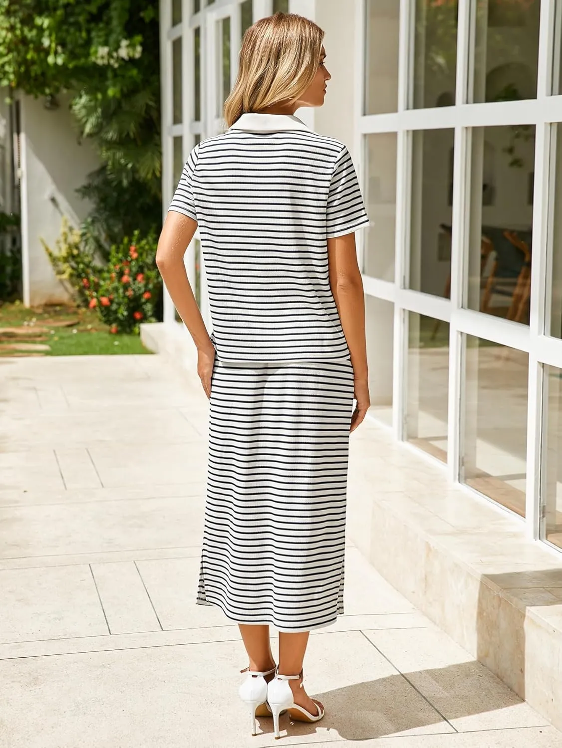 Glamaker Womens 2025 Summer Skirt Sets 2 Piece Outfits Casual Knit Striped Short Sleeve Travel Sets Clothes