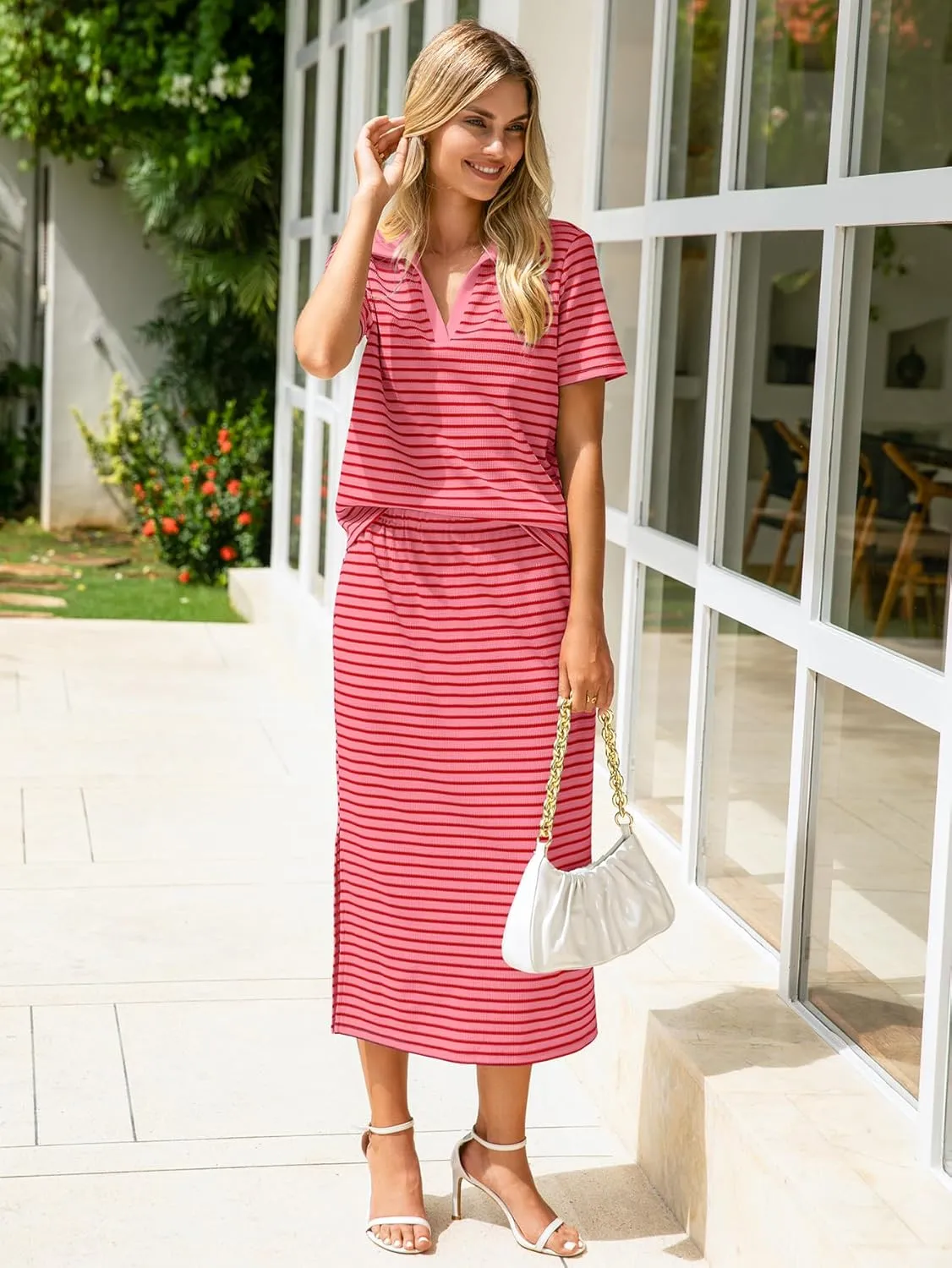 Glamaker Womens 2025 Summer Skirt Sets 2 Piece Outfits Casual Knit Striped Short Sleeve Travel Sets Clothes