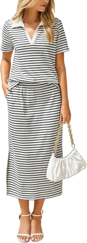 Glamaker Womens 2025 Summer Skirt Sets 2 Piece Outfits Casual Knit Striped Short Sleeve Travel Sets Clothes