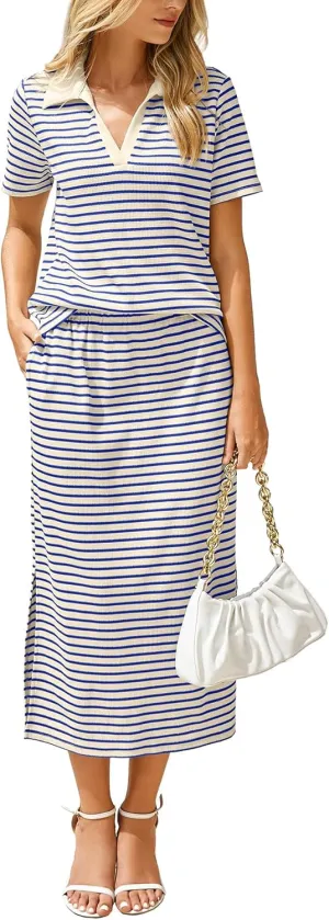 Glamaker Womens 2025 Summer Skirt Sets 2 Piece Outfits Casual Knit Striped Short Sleeve Travel Sets Clothes