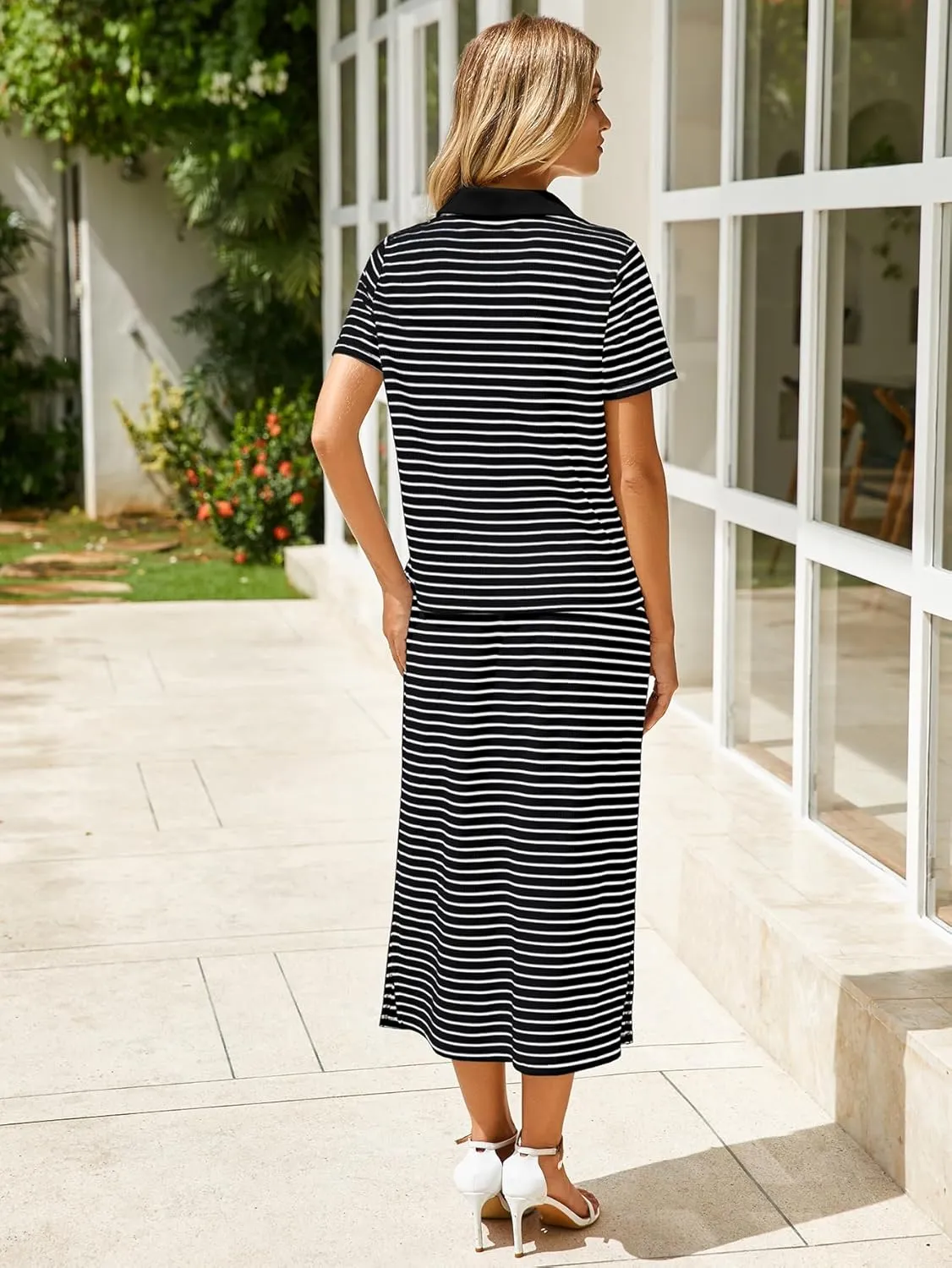 Glamaker Womens 2025 Summer Skirt Sets 2 Piece Outfits Casual Knit Striped Short Sleeve Travel Sets Clothes