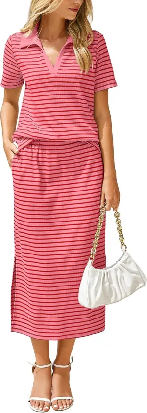 Glamaker Womens 2025 Summer Skirt Sets 2 Piece Outfits Casual Knit Striped Short Sleeve Travel Sets Clothes