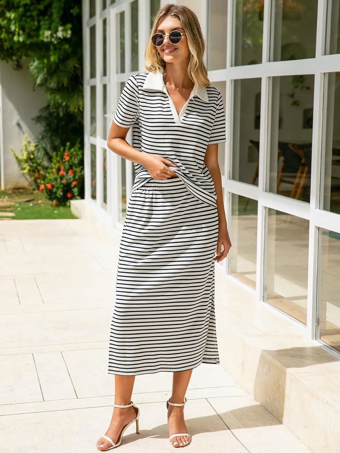 Glamaker Womens 2025 Summer Skirt Sets 2 Piece Outfits Casual Knit Striped Short Sleeve Travel Sets Clothes