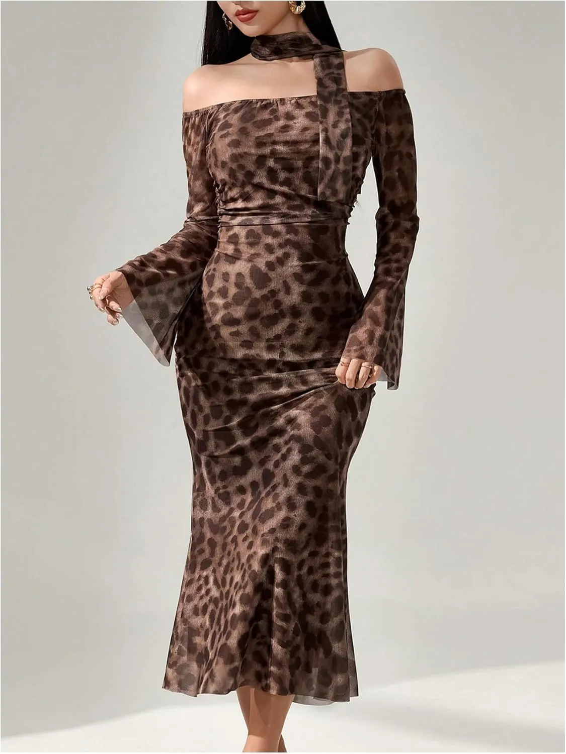 GORGLITTER Women's Cheetah Leopard Y2k Dresses Off Shoulder Ruched Mesh Bodycon Dresses with Neck Band