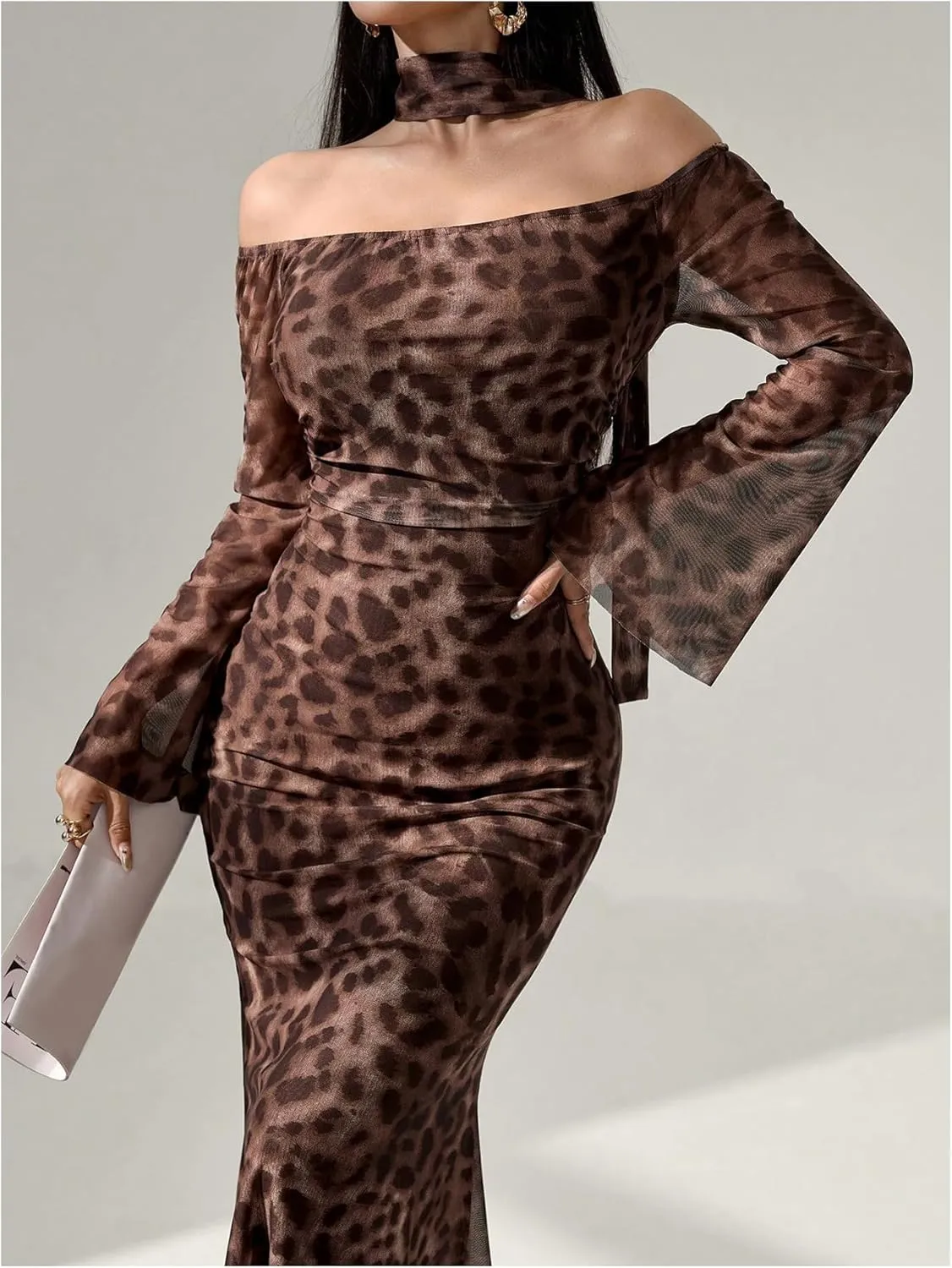 GORGLITTER Women's Cheetah Leopard Y2k Dresses Off Shoulder Ruched Mesh Bodycon Dresses with Neck Band