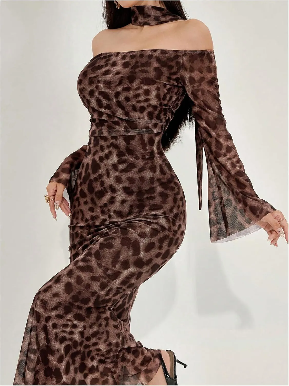 GORGLITTER Women's Cheetah Leopard Y2k Dresses Off Shoulder Ruched Mesh Bodycon Dresses with Neck Band