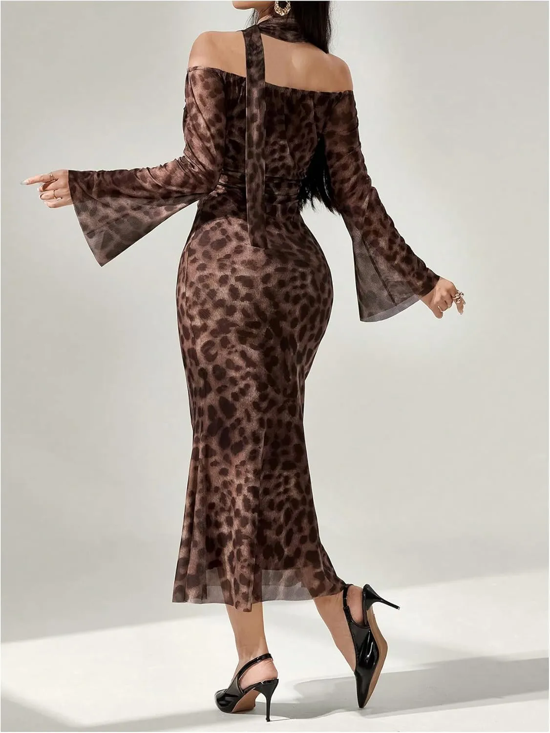 GORGLITTER Women's Cheetah Leopard Y2k Dresses Off Shoulder Ruched Mesh Bodycon Dresses with Neck Band
