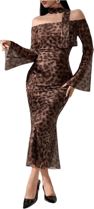 GORGLITTER Women's Cheetah Leopard Y2k Dresses Off Shoulder Ruched Mesh Bodycon Dresses with Neck Band