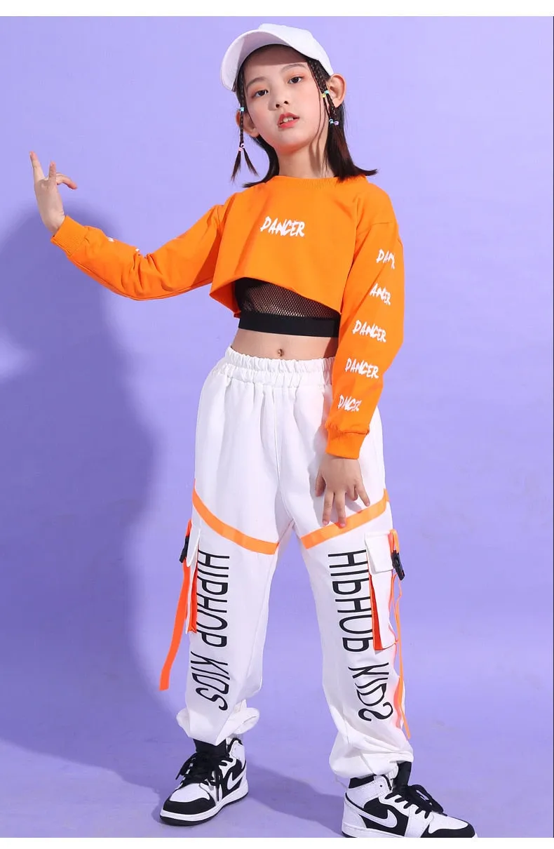 #H468 Hip Hop Girls Crop Top Contrast Cargo Pants -Boys Sweatshirt Joggers - Streetwear