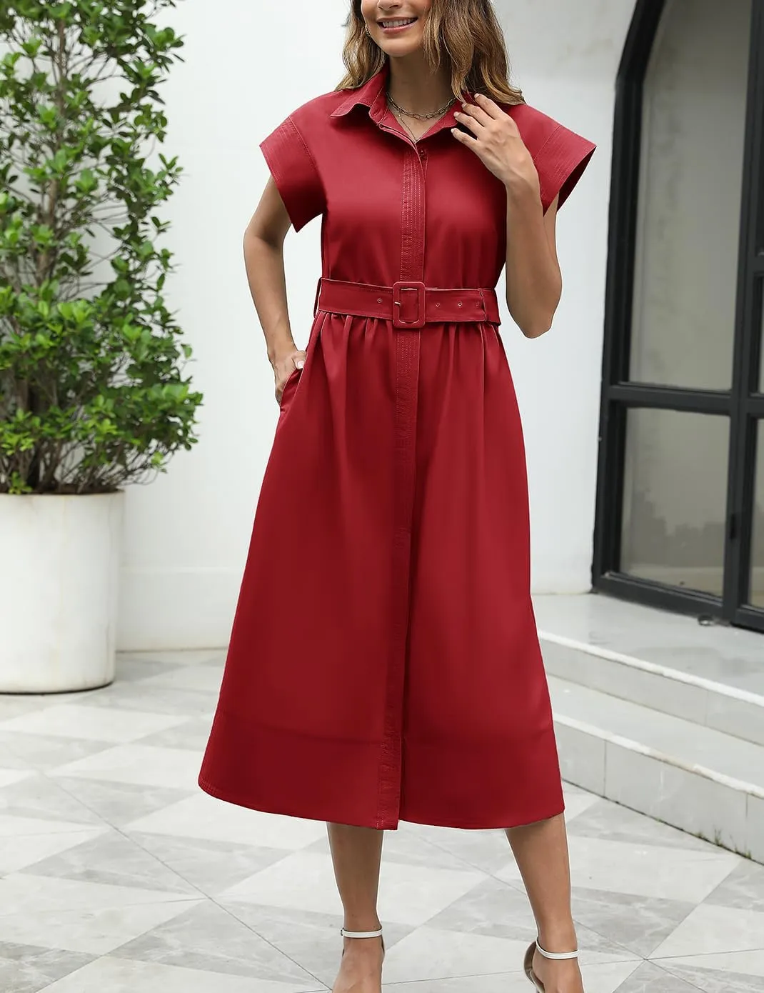 Haellun Women's Elegant Dress Classy Turn Down Collar Shirt Dress with Belt Short Wing Sleeve Trench Coat