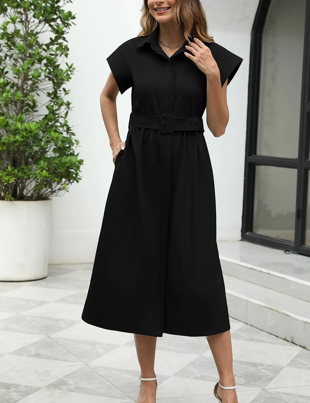 Haellun Women's Elegant Dress Classy Turn Down Collar Shirt Dress with Belt Short Wing Sleeve Trench Coat
