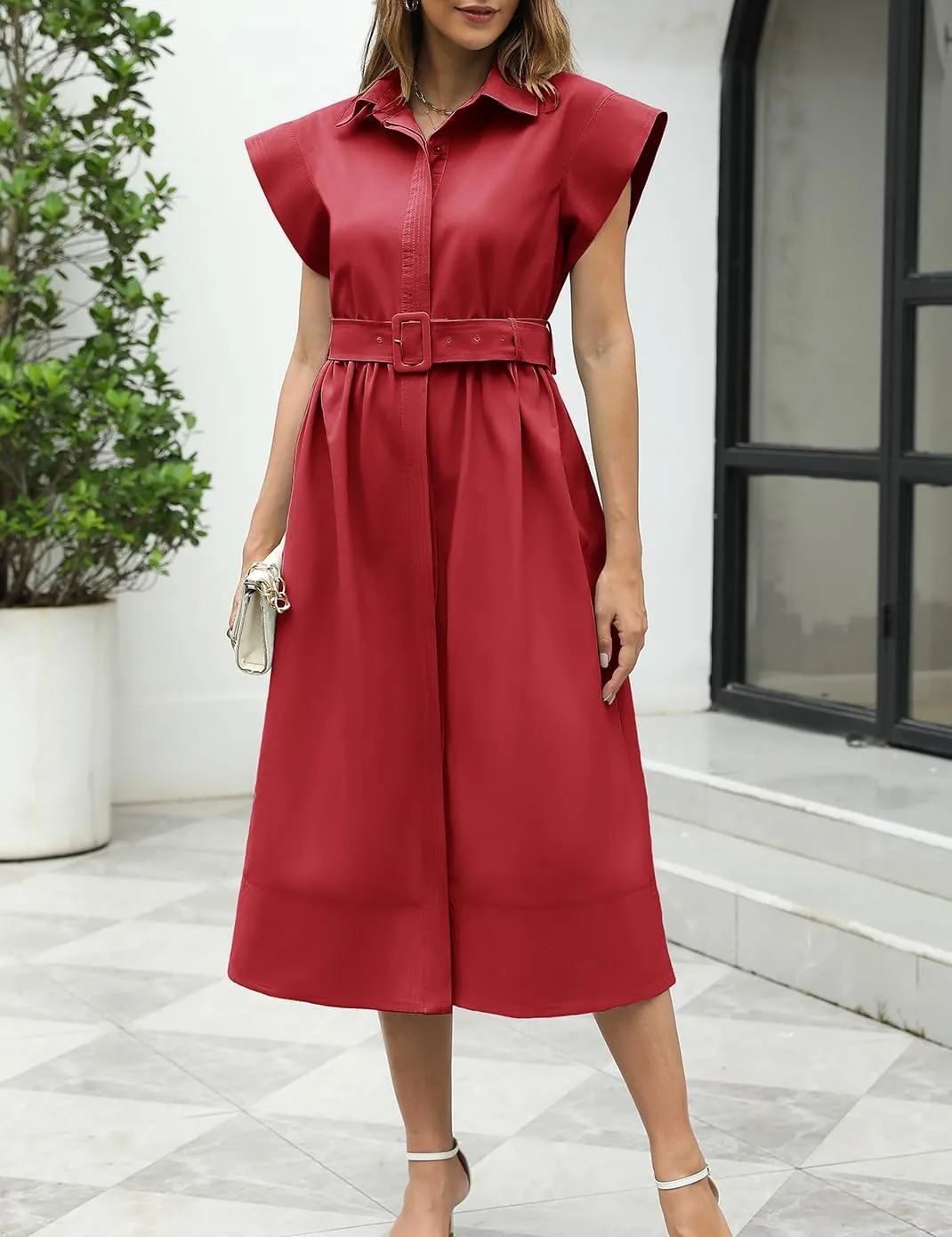 Haellun Women's Elegant Dress Classy Turn Down Collar Shirt Dress with Belt Short Wing Sleeve Trench Coat