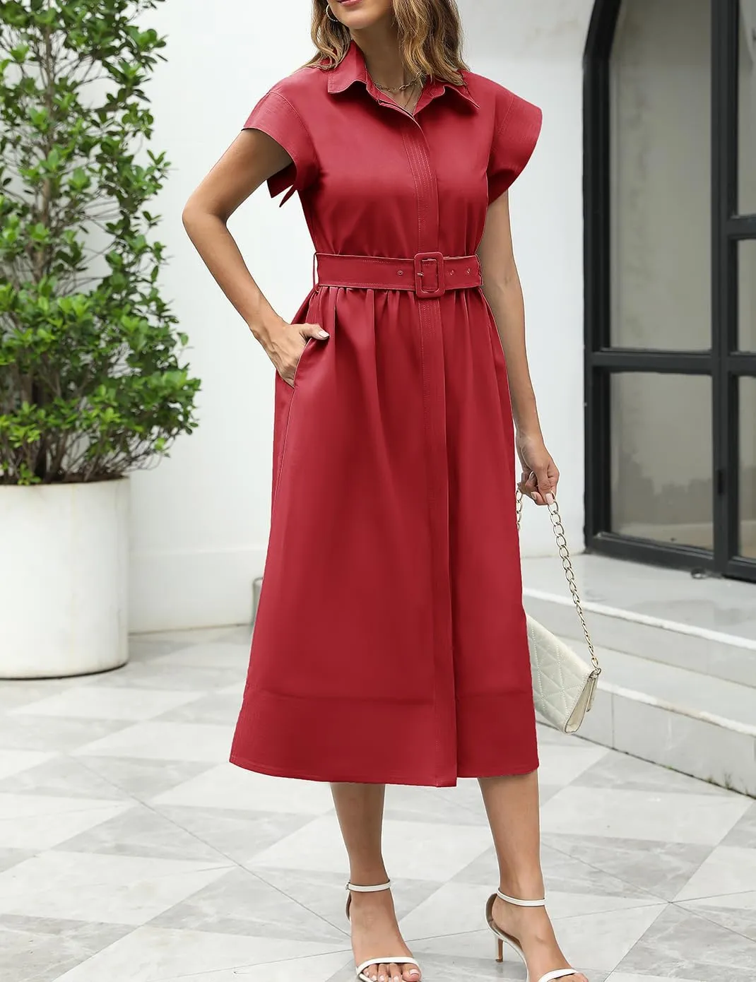 Haellun Women's Elegant Dress Classy Turn Down Collar Shirt Dress with Belt Short Wing Sleeve Trench Coat
