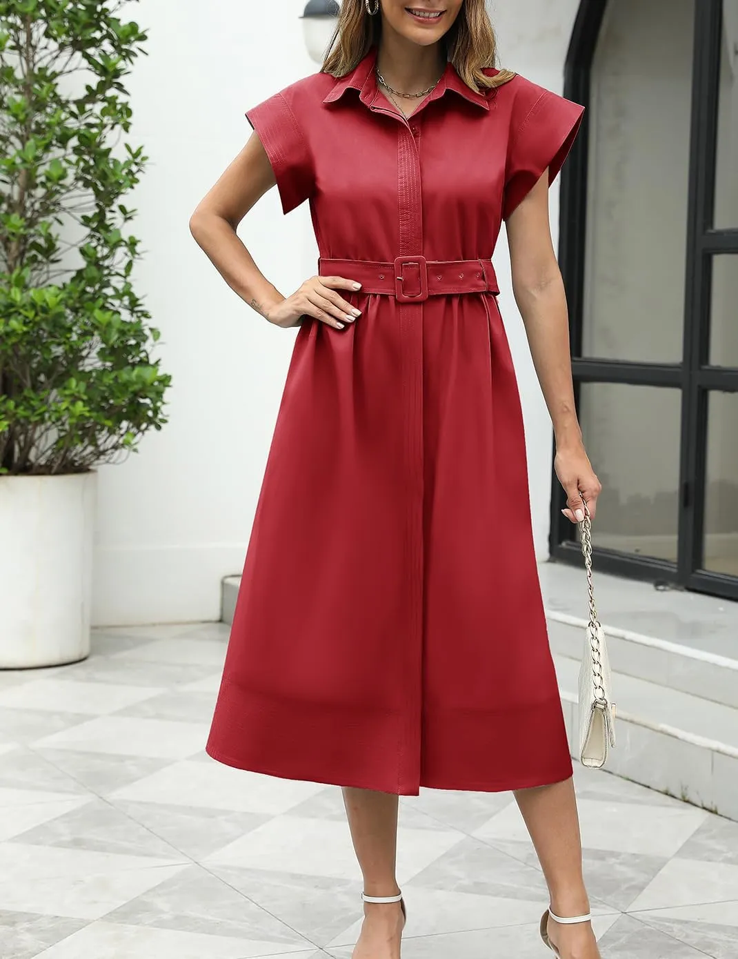 Haellun Women's Elegant Dress Classy Turn Down Collar Shirt Dress with Belt Short Wing Sleeve Trench Coat