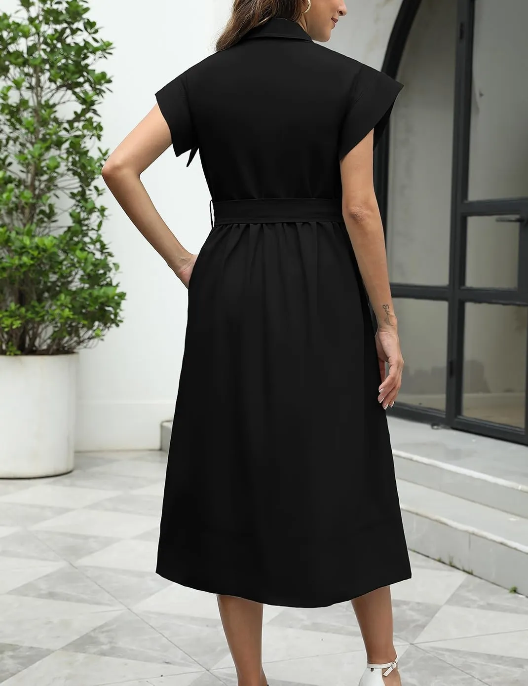 Haellun Women's Elegant Dress Classy Turn Down Collar Shirt Dress with Belt Short Wing Sleeve Trench Coat