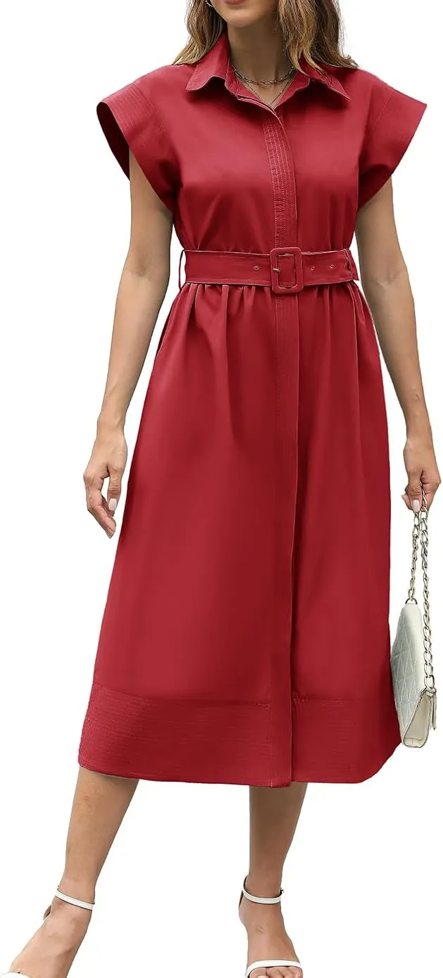 Haellun Women's Elegant Dress Classy Turn Down Collar Shirt Dress with Belt Short Wing Sleeve Trench Coat