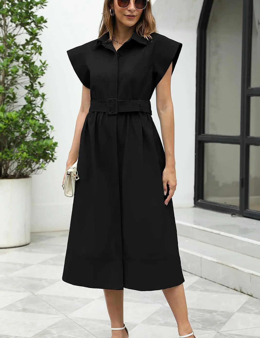 Haellun Women's Elegant Dress Classy Turn Down Collar Shirt Dress with Belt Short Wing Sleeve Trench Coat