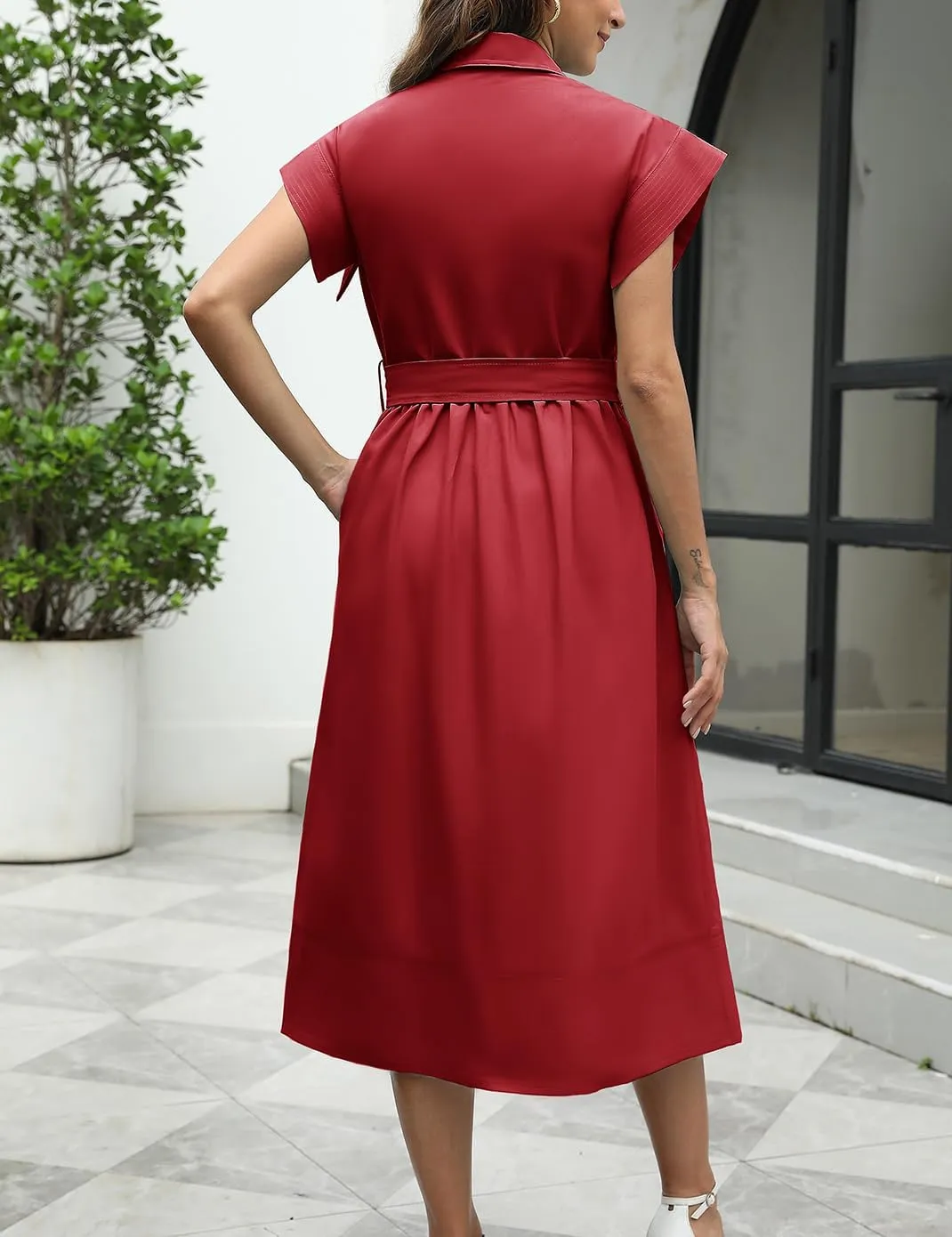 Haellun Women's Elegant Dress Classy Turn Down Collar Shirt Dress with Belt Short Wing Sleeve Trench Coat