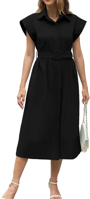 Haellun Women's Elegant Dress Classy Turn Down Collar Shirt Dress with Belt Short Wing Sleeve Trench Coat