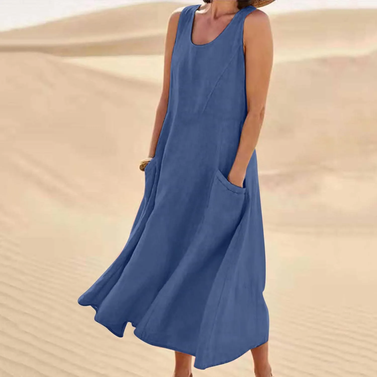 Hawaiian Dresses for Women Summer Casual Short Sleeve Cotton Linen Sundresses Oversized Flowy Dress with Pockets