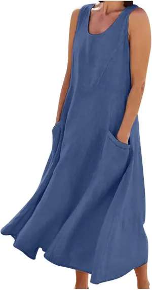 Hawaiian Dresses for Women Summer Casual Short Sleeve Cotton Linen Sundresses Oversized Flowy Dress with Pockets