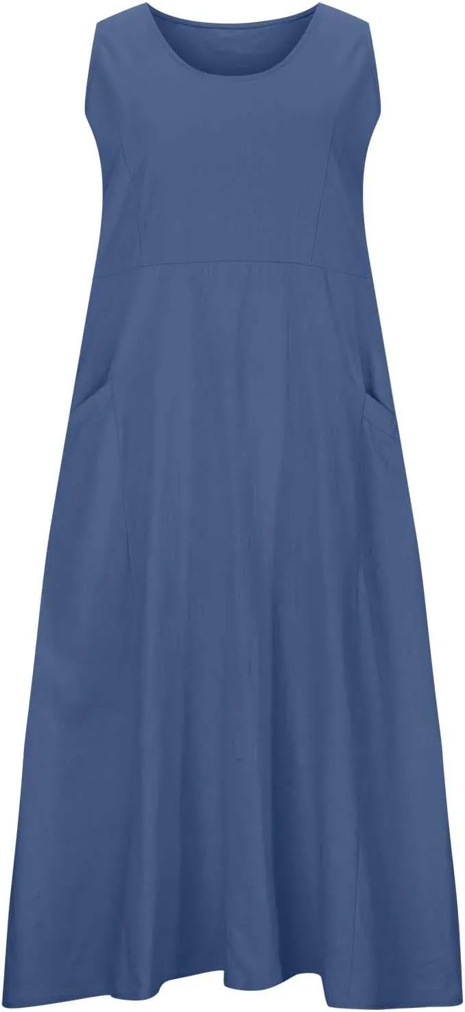 Hawaiian Dresses for Women Summer Casual Short Sleeve Cotton Linen Sundresses Oversized Flowy Dress with Pockets