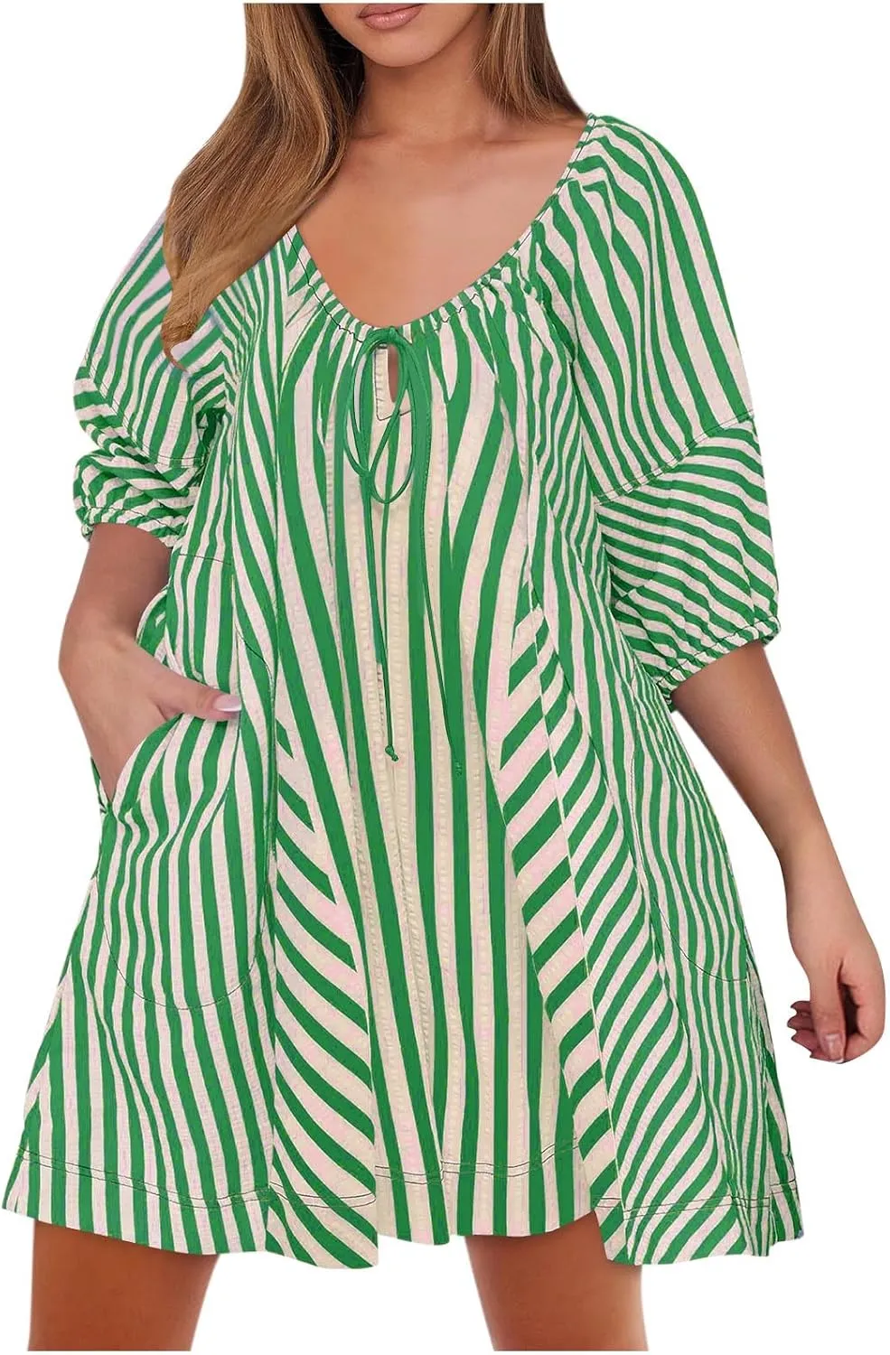 HGps8w Women's Summer Striped Rompers Puff Sleeve Mini Shorts Loose Laceup Front Linen Jumpsuits Boho Beach Vacation Outfits