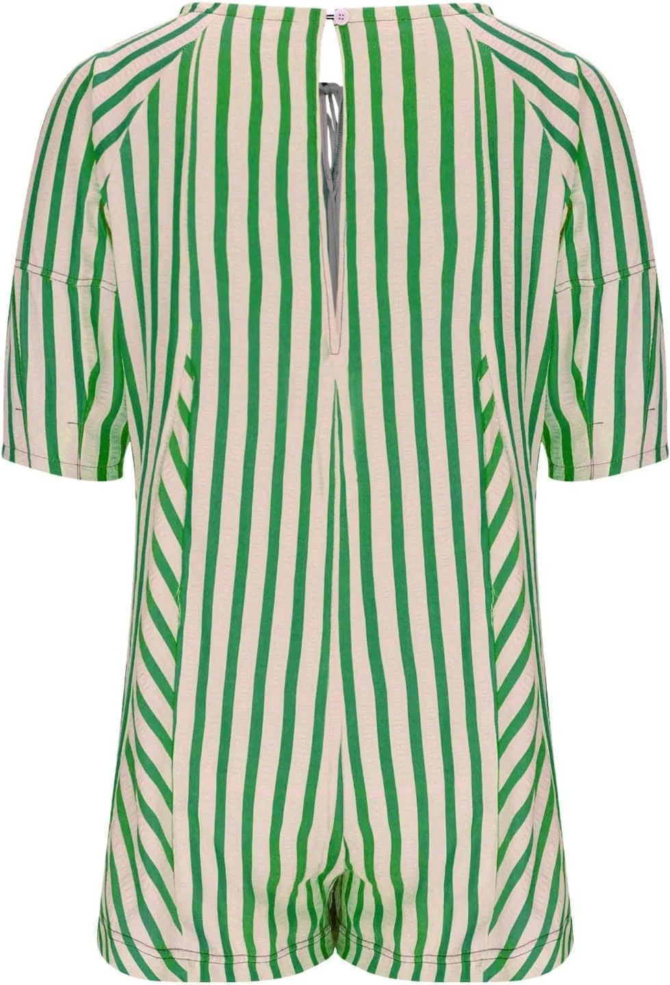HGps8w Women's Summer Striped Rompers Puff Sleeve Mini Shorts Loose Laceup Front Linen Jumpsuits Boho Beach Vacation Outfits