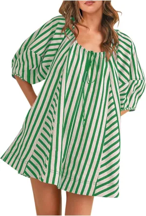 HGps8w Women's Summer Striped Rompers Puff Sleeve Mini Shorts Loose Laceup Front Linen Jumpsuits Boho Beach Vacation Outfits