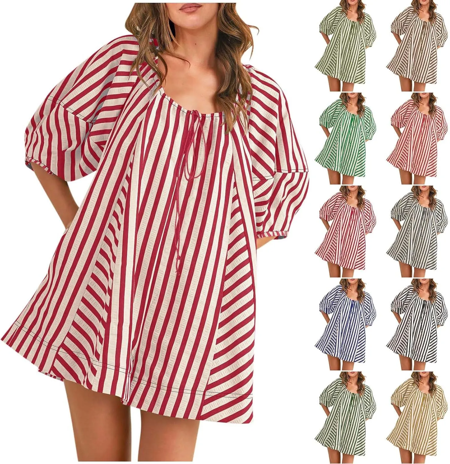 HGps8w Women's Summer Striped Rompers Puff Sleeve Mini Shorts Loose Laceup Front Linen Jumpsuits Boho Beach Vacation Outfits