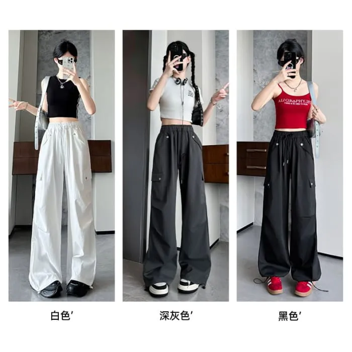High Waist Pocketed Drawstring Wide Leg Parachute Cargo Sweatpants
