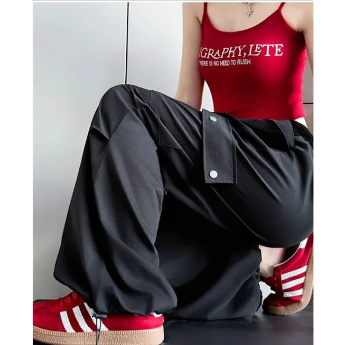 High Waist Pocketed Drawstring Wide Leg Parachute Cargo Sweatpants