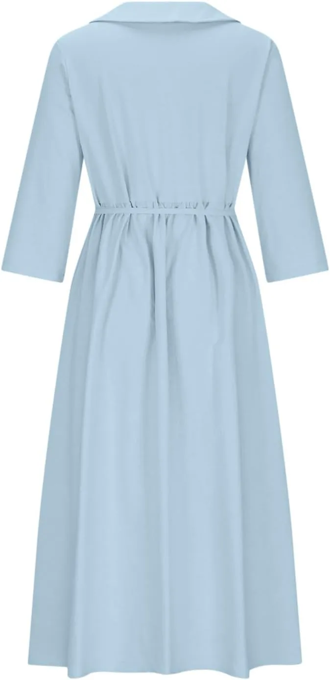 hlysgo Summer Dresses for Women 2025 Casual Bohemian Cotton Linen Dress Trendy 3/4 Sleeve Button Up Maxi Dress with Belt