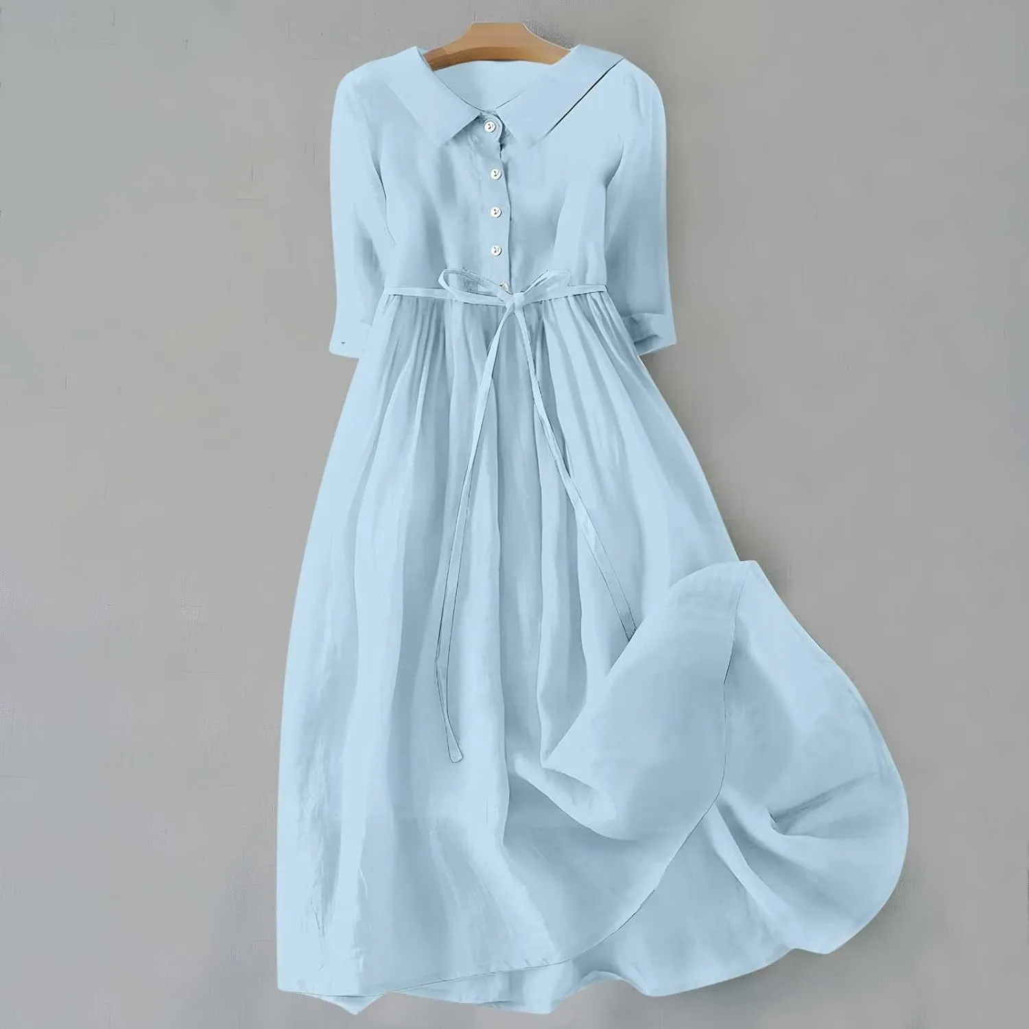hlysgo Summer Dresses for Women 2025 Casual Bohemian Cotton Linen Dress Trendy 3/4 Sleeve Button Up Maxi Dress with Belt