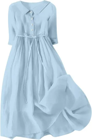 hlysgo Summer Dresses for Women 2025 Casual Bohemian Cotton Linen Dress Trendy 3/4 Sleeve Button Up Maxi Dress with Belt