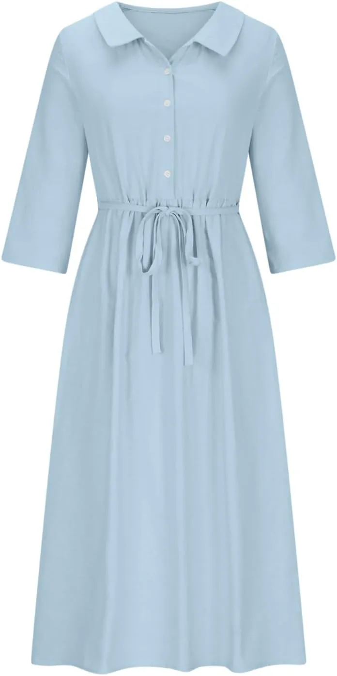 hlysgo Summer Dresses for Women 2025 Casual Bohemian Cotton Linen Dress Trendy 3/4 Sleeve Button Up Maxi Dress with Belt