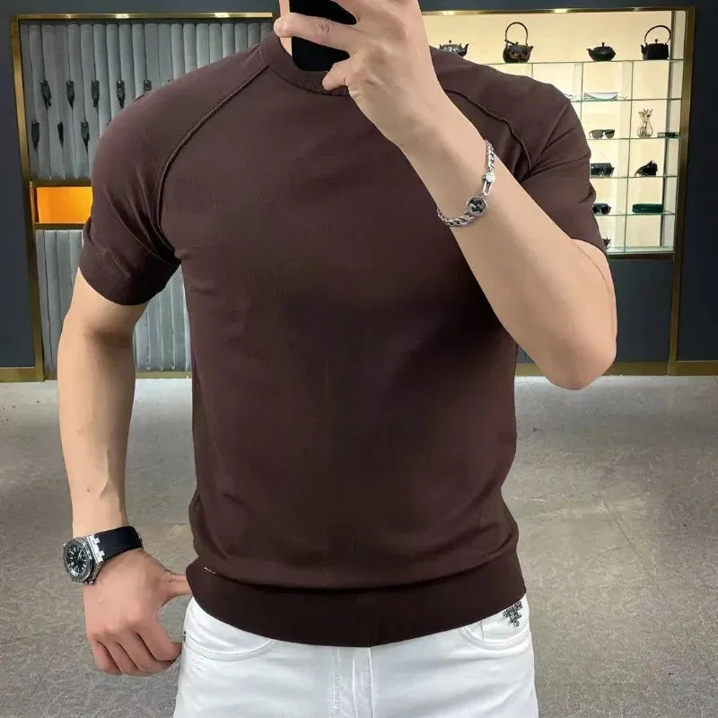 Hnzxzm British Fashion Summer High Elastic Slim Round Neck Short Sleeve T-shirt Men's Solid Patchwork Smart Casual Versatile Cotton Top
