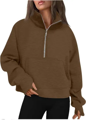 Hoodies Sweatshirts for Women 2024 Casual Long Sleeve Cropped Tops Loose Full and Half Zip up Hooded Sweatshirt with Pocket
