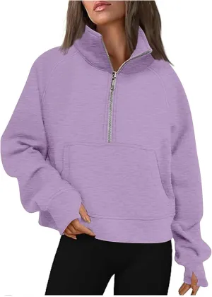 Hoodies Sweatshirts for Women 2024 Casual Long Sleeve Cropped Tops Loose Full and Half Zip up Hooded Sweatshirt with Pocket